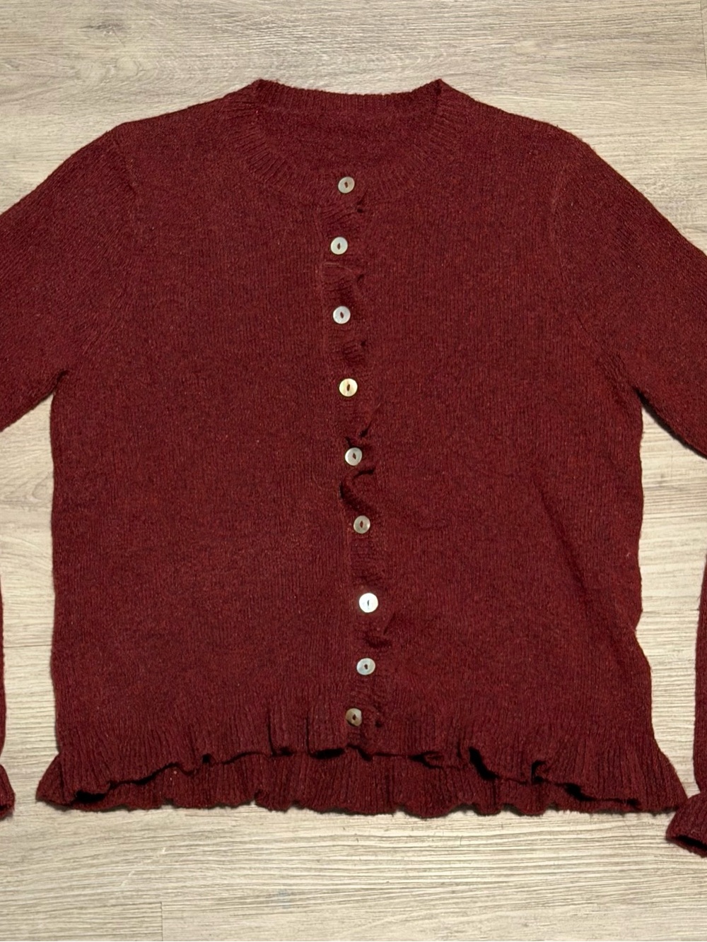 Women's Burgundy Button-Front Ruffle Hem Sweater